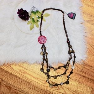 Boho Wooden Beads Shell Magenta Statement Necklace